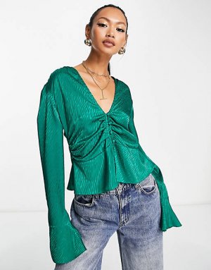 Зеленая жаккардовая блузка-футболка со сборками на талии и завязкой шее ASOS DESIGN