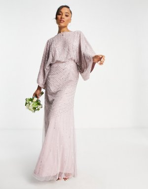 Платье макси приглушенного розово-лилового цвета с очень большими рукавами Bridesmaid-Фиолетовый цвет Frock and Frill