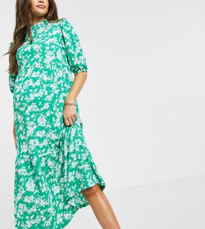 Свободное платье миди из жатой ткани с зеленым принтом -Зеленый цвет New Look Maternity