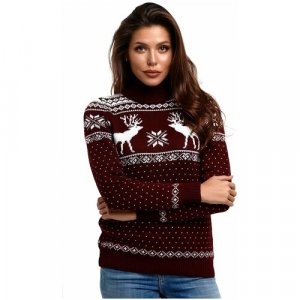 Шерстяной свитер, классический скандинавский орнамент с Оленями и снежинками, натуральная шерсть, бордовый, белый цвет, размер XL AnyMalls. Цвет: бордовый/красный