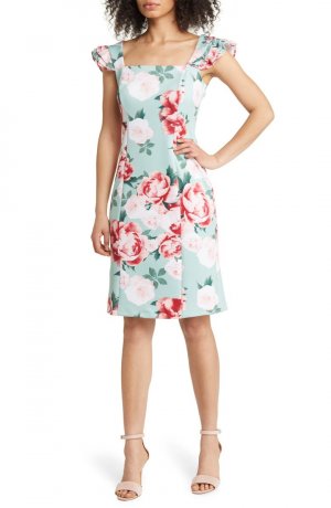 Платье-футляр с цветочным принтом и оборками на рукавах Donna Ricco