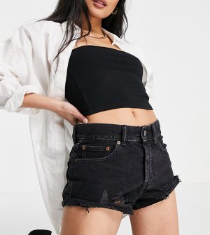 Выбеленные джинсовые шорты черного цвета свободного кроя с классической талией и рваной отделкой ASOS DESIGN Petite-Черный цвет Petite