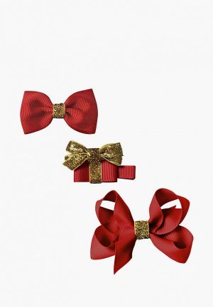 Заколки 3 шт. Milledeux Бантики и подарок, коллекция Classic Christmas, скарлет с золотистым. Цвет: красный