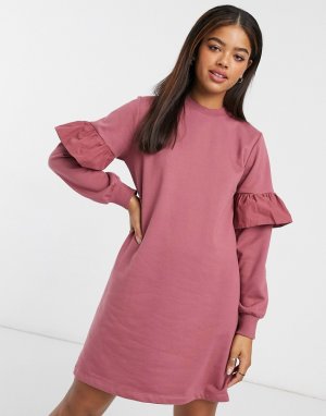 Платье-свитшот мини розового цвета с оборками на рукавах -Розовый New Look