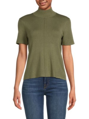 Трикотажная футболка в рубчик с воротником-стойкой , цвет Olive Saks Fifth Avenue