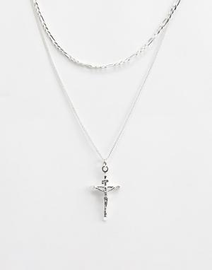 Серебристое ожерелье в два ряда с распятием на кресте -Серебряный Chained & Able