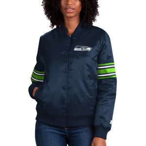 Женская темно-синяя атласная университетская куртка с длинными кнопками для студентов Seattle Seahawks Line Up Starter