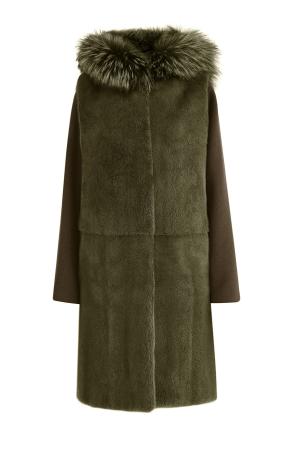 Пальто из шерсти со съемны жилетом блестящего меха норки YVES SALOMON. Цвет: хаки