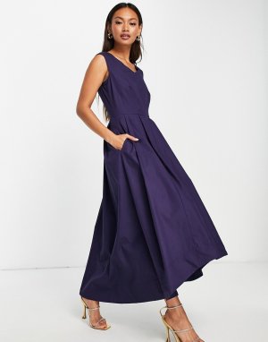 Темно-синее платье миди с V-образным вырезом и юбкой в складку асимметричным низом -Темно-синий Closet London