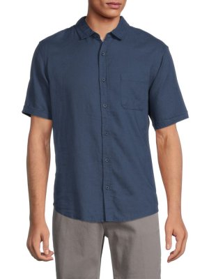 Рубашка на пуговицах с короткими рукавами из смесового льна , темно-синий Saks Fifth Avenue
