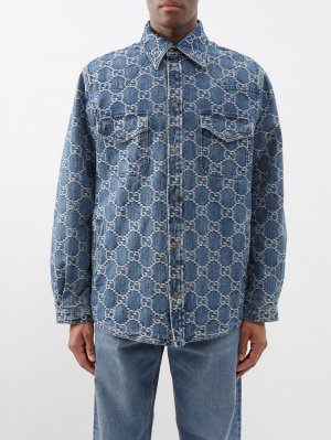 Джинсовая рубашка с узором gg-жаккард , синий Gucci