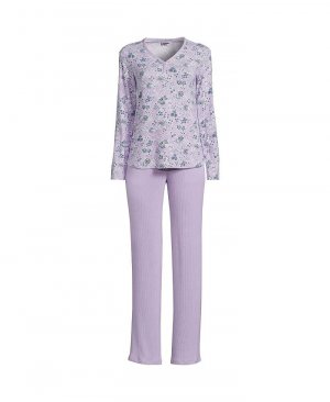 Женский уютный пижамный комплект больших размеров из 2 предметов: топ с длинными рукавами и брюки Lands' End, фиолетовый Lands' End