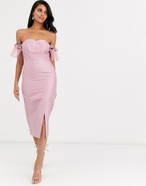 Розовое платье миди с открытыми плечами и рукавами из органзы -Розовый цвет True Decadence