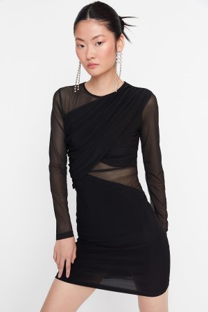 Черное элегантное вечернее платье из тюля , черный Trendyol