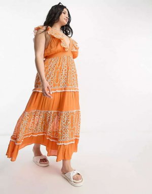 Оранжевое платье миди с оборками River Island