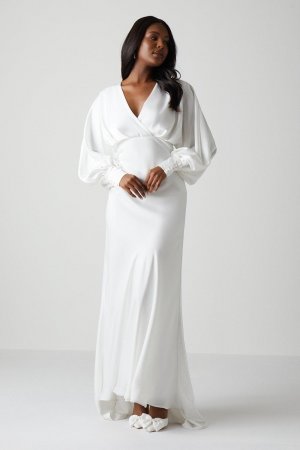 Атласное свадебное платье с рукавами-блузоном и завязкой на спине , белый Coast