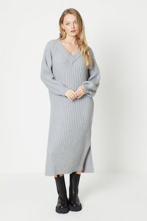 Свободное платье-свитер миди с V-образным вырезом , серый Oasis