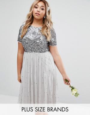 Платье миди с юбкой из тюля и цветочной отделкой Lovedrobe Luxe. Цвет: серый