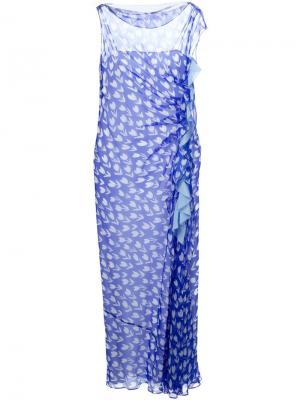 Платье в принт с тюльпанами и оборкой Emanuel Ungaro. Цвет: синий