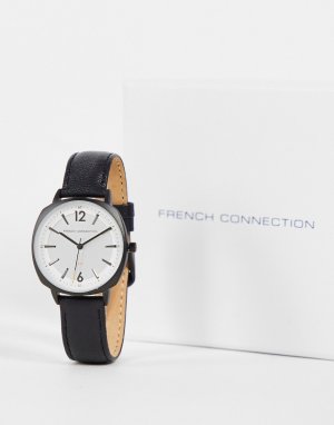 Часы с большим циферблатом и черным кожаным ремешком -Черный цвет French Connection
