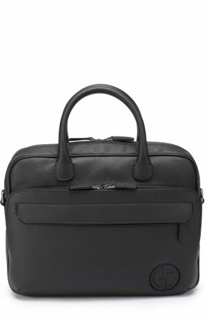 Кожаная сумка для ноутбука с внешним карманом на молнии и плечевым ремнем Giorgio Armani. Цвет: черный