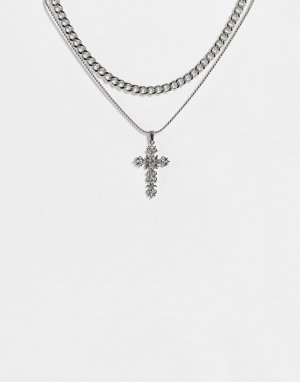 Серебристое ожерелье-цепочка с массивными звеньями и крестиком со вставками -Серебристый Topshop