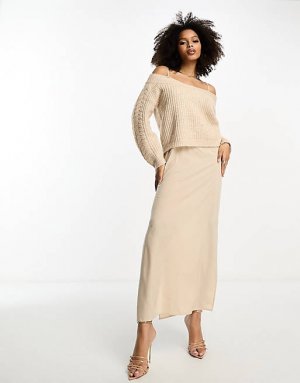 Кремовое гибридное платье-джемпер миди с атласной комбинацией YAS Y.A.S