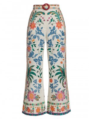 Имбирные расклешенные льняные брюки с цветочным принтом , кремовый Zimmermann