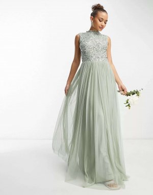 Bridesmaid 2 в 1, украшенное платье миди с пышной тюлевой юбкой шалфейного цвета Beauut