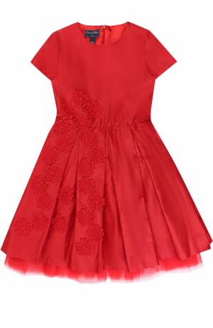 Шелковое платье с пышной юбкой и цветочной аппликацией Oscar de la Renta. Цвет: красный