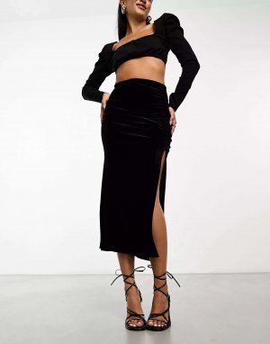 Черная бархатная юбка миди со сборками и разрезом по бокам New Look
