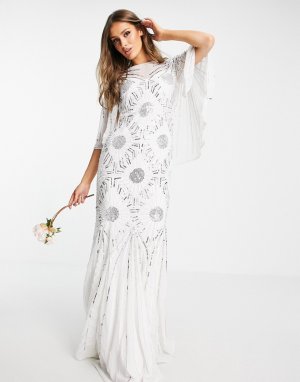 Свадебное белое платье с декоративной отделкой и рукавами кимоно -Белый Virgos Lounge