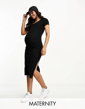 Черное платье-футболка миди в рубчик Cotton:On Maternity Cotton On
