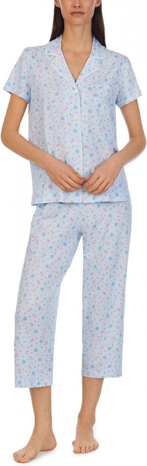 Пижамный комплект капри с короткими рукавами и вырезом на воротнике LAUREN Ralph Lauren, цвет Blue Floral