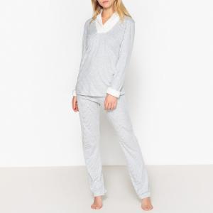 Пижама из хлопка, с вырезом, искусственным мехом, Loft LE CHAT. Цвет: экрю/серый