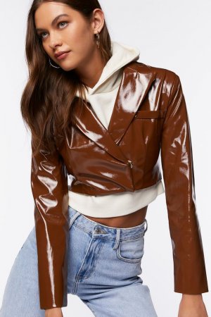 Укороченный пиджак из искусственной лакированной кожи , коричневый Forever 21