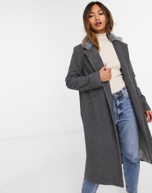 Серое длинное пальто из смесовой шерсти с отделкой искусственного меха -Серый Helene Berman