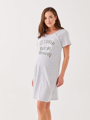 Ночная рубашка для беременных с круглым вырезом и принтом короткими рукавами LCW DREAM, серый меланж Dream