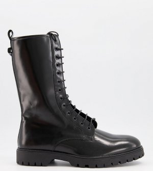 Черные высокие кожаные сапоги на шнуровке для широкой стопы -Черный цвет ASOS DESIGN
