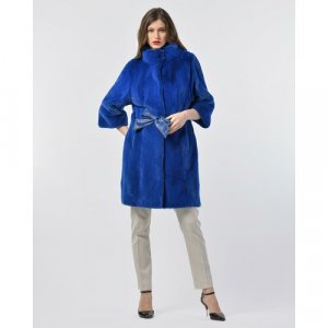 Пальто , норка, силуэт прямой, пояс/ремень, размер 40, синий Manakas Frankfurt. Цвет: синий