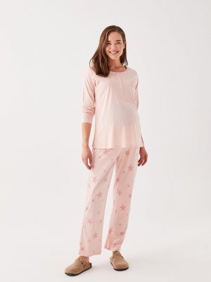 Пижамный комплект для беременных с круглым вырезом и принтом длинными рукавами, розовый LCW Dream