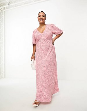 Розовое чайное платье миди с короткими рукавами и цветочным принтом Curve Glamorous