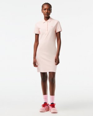 Платье-поло из хлопкового пике стрейч, с короткими рукавами и воротником-поло в рубчик четырьмя пуговицами , розовый Lacoste