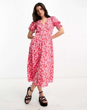 Платье миди на пуговицах спереди с розово-красным цветочным принтом Influence