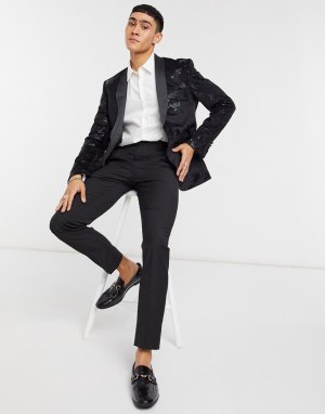 Бархатный приталенный пиджаки с набивкой флок -Черный цвет Bolongaro Trevor