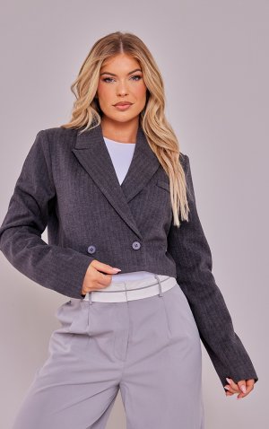 Серый шерстяной пиджак с укороченными плечами и пуховыми подушками PrettyLittleThing