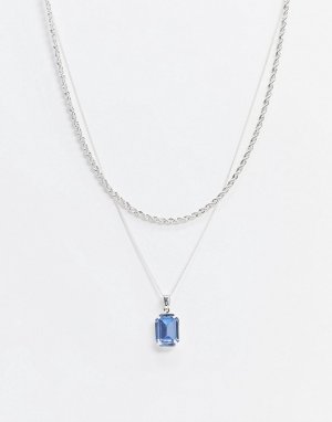 Серебристое многослойное ожерелье с синим камнем -Серебряный Chained & Able