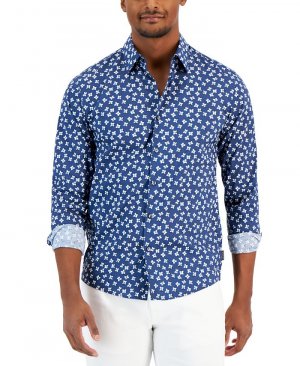 Мужская приталенная рубашка с длинным рукавом и цветочным принтом , синий Michael Kors