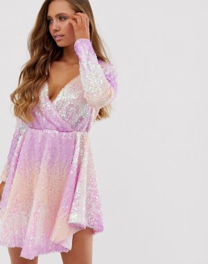 Платье мини с пайетками эффектом омбре розового и фиолетового цвета длинными рукавами -Многоцветный Collective The Label