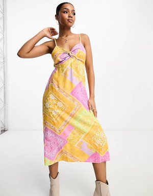 Платье-комбинация миди с закрученным передом и разноцветным принтом в виде шарфа Miss Selfridge